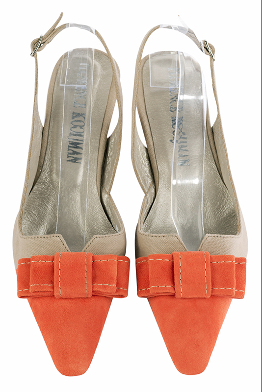 Clementine orange and tan beige women's open back shoes, with a knot. Tapered toe. Medium spool heels. Top view - Florence KOOIJMAN